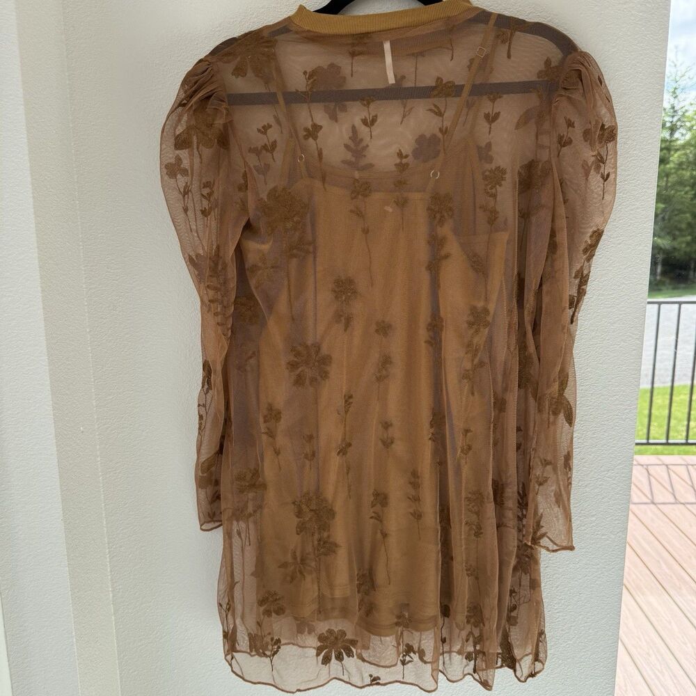 Free People Celina Brown Sheer Lace Mini Dress Womens XS Long sleeve Embroidered - Picture 10 of 13